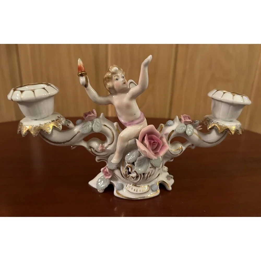UCACGO Double Candlestick Holder Cherub Pink Roses Hand Painted Porcelain. Japan